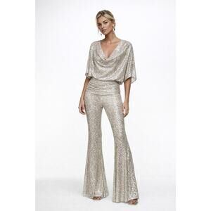 ZARA Bloggers Favorite Champagne Gold Sequin Cowl Top S & Flared Trousers Set M